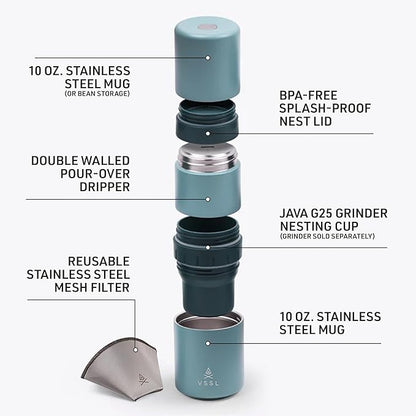 Nest Pour Over Coffee Kit | Coffee Maker for Camping | All-In-One Travel Pour Over | Transportable Dripper, Two 10oz Stainless Steel Travel Mugs | Compact Storage & Adventure Ready | Everglade