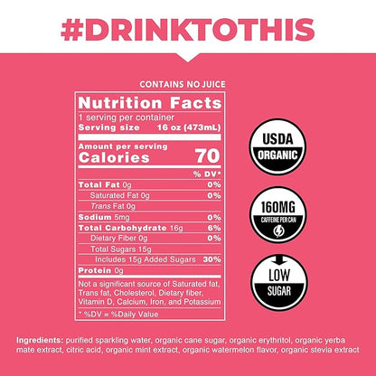 CLEAN Cause Low Calorie Watermelon Mint Sparkling Yerba Mate Tea, 160mg Caffeine, Organic, Low Sugar, Healthy Alternative to Energy Drinks (16oz cans, 12-Pack Case)