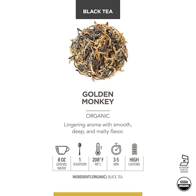 Teabloom Organic Golden Monkey Loose Leaf Tea, USDA Certified Organic Black Tea, Lingering Aroma with Smooth and Malty Flavor, 2.12 Ounce Loose Leaf Tea Canister Makes 35-50 Cups