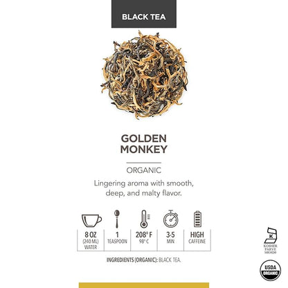 Teabloom Organic Golden Monkey Loose Leaf Tea, USDA Certified Organic Black Tea, Lingering Aroma with Smooth and Malty Flavor, 2.12 Ounce Loose Leaf Tea Canister Makes 35-50 Cups
