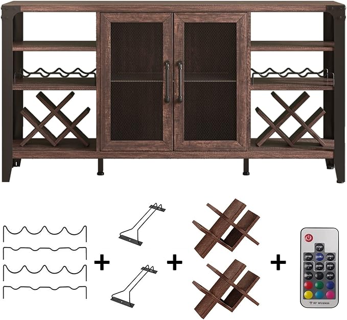 Vabches 58" Wine Bar with Wine Rack Storage,Alcohol Cabinet with LED Strip, Liquor Cabinet Bar for Home Dining Room, Sideboard Buffet with Storage