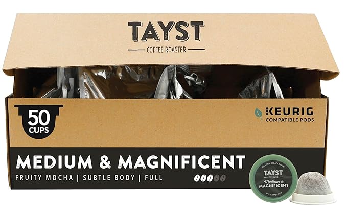 Tayst Coffee Pods, Medium & Magnificent Medium Roast, K Cups Compatible with Keurig Coffee Maker, Sustainable Single Serve, Pack of 50