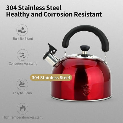 3.75 Quart/4L Whistling Tea Kettle,Stainless Steel Teakettle Teapot for Stovetop,Vintage Tea Kettles with Touch Ergonomic Handle(Red)