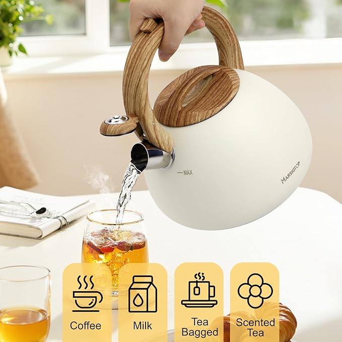 MARSKITOP Tea Kettle, 2.6 Quart Tea Pot for Stove, Food Grade Stainless Steel Whistling Teapot for Stovetop with Anti-Hot Handle, Suitable for All Heat Sources, Cream White