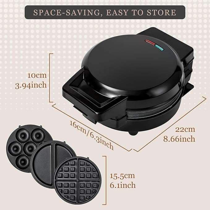 Mini Waffles Maker with 6 Removable Plates, 3 in 1 Small Waffle Maker Mini- Waffle, Pancake, Donut, 6" Non Stick Waffle Iron for Kids and Families, Black