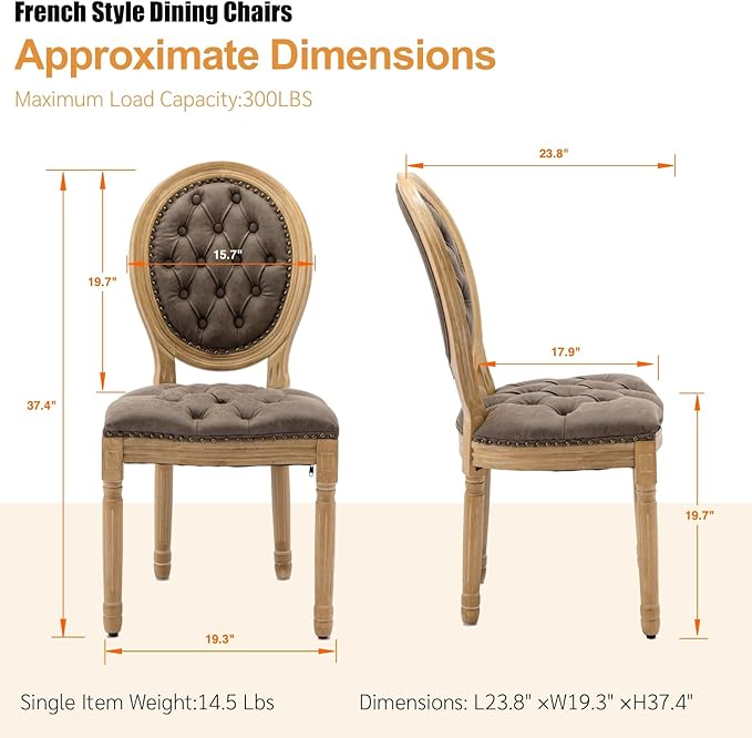 French Country Dining Chairs Set of 4, Vintage Wooden Dining Chairs with PU Leather Upholstered Tufted Seat,Solid Wood Legs&Frame, Farmhouse Kitchen&Living Room Chairs(Brown,4 Pcs)