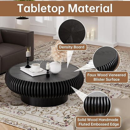 Round Coffee Table 31.4" Modern Black Fluted Coffee Table Low Round Drum Pedestal Coffee Tables for Living Room Farmhouse (Black 31.4in)