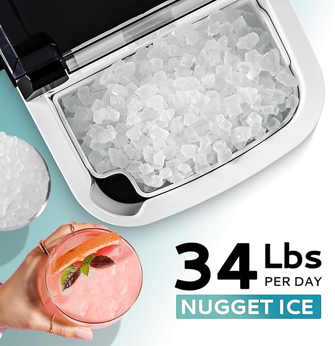 EUHOMY Nugget Ice Maker Countertop with Handle, Ready in 6 Mins, 34lbs Per Day, Removable Top Cover, Auto-Cleaning, Portable Sonic Ice Maker with Basket and Scoop, for Home/Party/RV/Camping (Silver)