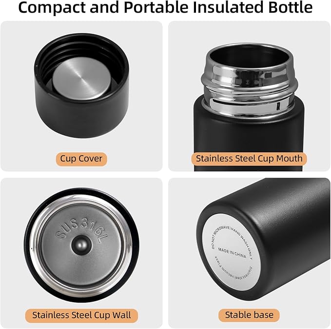 5 oz Mini Water Bottle Cute Water Bottle - Insulated Stainless Steel Bottle - Keeps Cold for 12 hours, Hot for 6 hours - Black