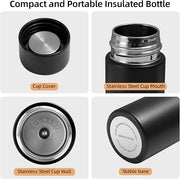 5 oz Mini Water Bottle Cute Water Bottle - Insulated Stainless Steel Bottle - Keeps Cold for 12 hours, Hot for 6 hours - Black