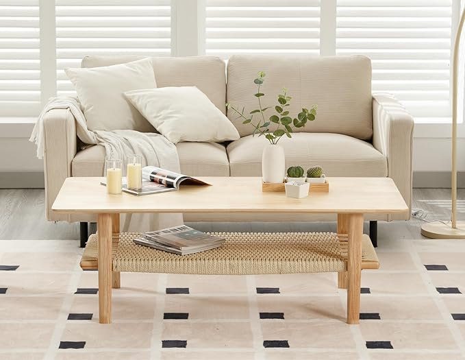 Farmhouse Coffee Table for Living Room 2-Tier Coffee Table with Natural Rattan Storage Shelf Large Rectangular Center Table for Living Room Reception, Natural Color