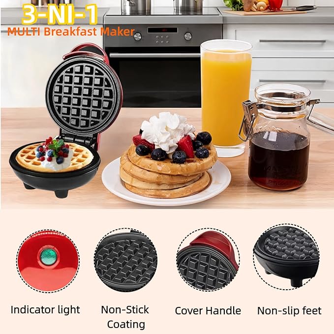 3 in 1 Mini Waffle Maker with Removable Plates-Waffles,Donuts,Pancakes all in Multimaker -Nonstick Surface for Easy Cleaning - Great Holiday Gift(Red)