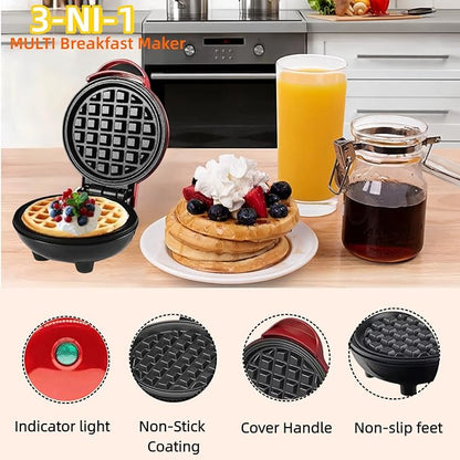 3 in 1 Mini Waffle Maker with Removable Plates-Waffles,Donuts,Pancakes all in Multimaker -Nonstick Surface for Easy Cleaning - Great Holiday Gift(Red)