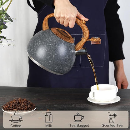 Tea Kettle, Vegoran 100 OZ / 3 Liter Whistling Tea Kettle, Tea Pots for Stove Top Food Grade Stainless Steel with Wood Pattern Folding Handle, Loud Whistle Kettle for Tea, Coffee, Milk (Gray)