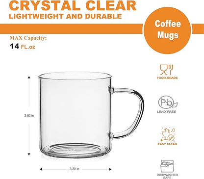 LUXU Glass Coffee Mugs Set of 4,14 oz Clear Coffee Cups,Hand Blown&Seamless Design,Heat Resistant and Explosion-Proof,Lightweight Tea Mugs with Anti Scald Handle Ideal for Home,Cafe