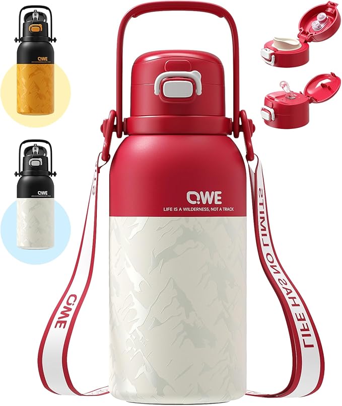 QWE Large Insulated Water Bottle with Straw&Lids,1200ml/40oz Vacuum Sealed Sport Bottles,Double Drinking,Stainless Steel Tumbler with Handle,LeakProof,BPA-Free,for Hiking,Gym,camp (Morden Red)