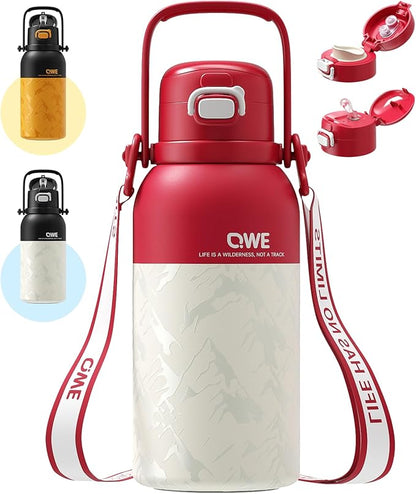 QWE Large Insulated Water Bottle with Straw&Lids,1200ml/40oz Vacuum Sealed Sport Bottles,Double Drinking,Stainless Steel Tumbler with Handle,LeakProof,BPA-Free,for Hiking,Gym,camp (Morden Red)