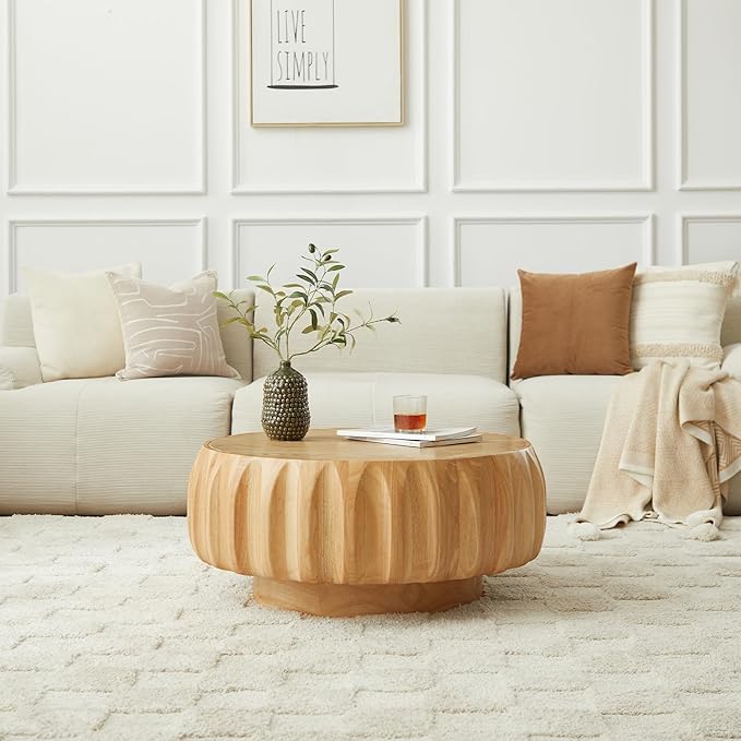 31.5" Round Coffee Table Drum Table Contemporary Wood Fluted Centry Table with Solid Wood Veneer for Living Room (Natural)