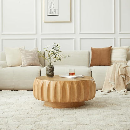 31.5" Round Coffee Table Drum Table Contemporary Wood Fluted Centry Table with Solid Wood Veneer for Living Room (Natural)
