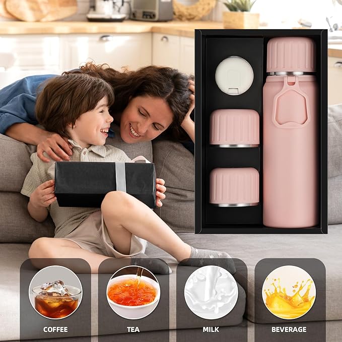 750ml/27 OZ Coffee Thermo with 3 cups, Insulated Water Bottle, Stainless Steel Vacuum Flask Set for Hot and Cold Drinks, Gifts Box