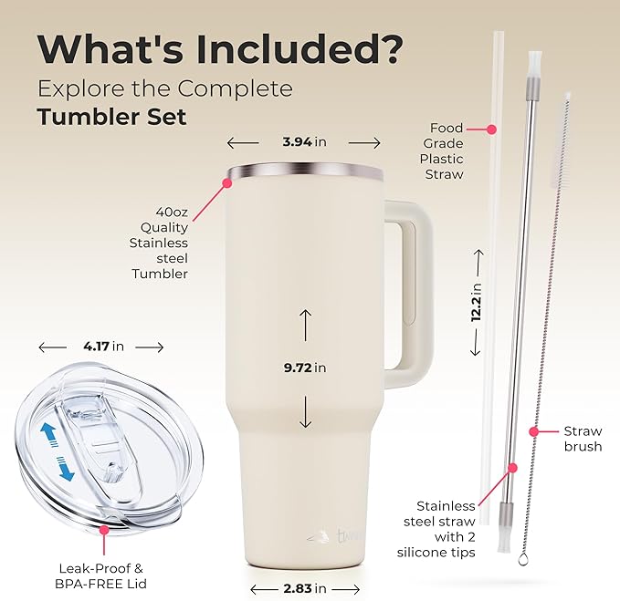 40 oz Tumbler With Handle and Straw Made of Stainless Steel - Double Wall Vacuum Insulated Tumbler With Lid - Sweat Proof Easy Grip, BPA-Free, Dishwasher Safe Tumbler (Cream)