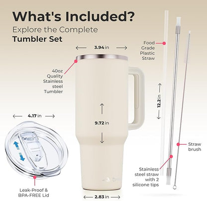 40 oz Tumbler With Handle and Straw Made of Stainless Steel - Double Wall Vacuum Insulated Tumbler With Lid - Sweat Proof Easy Grip, BPA-Free, Dishwasher Safe Tumbler (Cream)