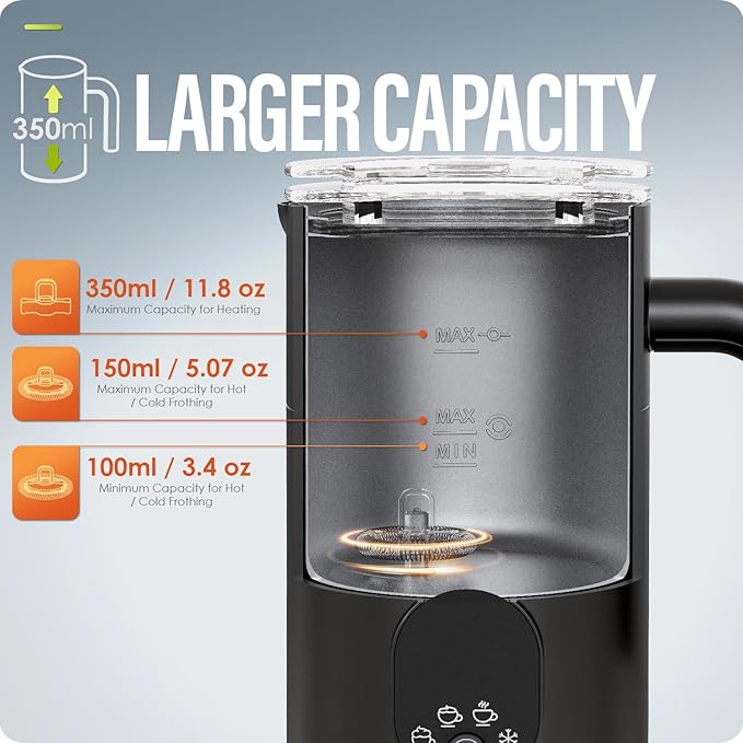 Milk Frother, Electric Milk Frother and Steamer 4 in 1 Automatic Coffee Steamer Frother, 11.8OZ / 350ML Warm and Cold Foam Frother For Coffee,Latte, Cappuccino, Macchiato, Hot Chocolate