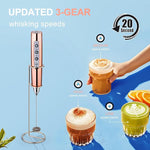 Load image into Gallery viewer, YUSWKO Rose Gold Handheld Milk Frother Wand with Stand for Coffee, Rechargeable Electric Whisk with 3 Heads 3 Speeds Drink Mixer Coffee Frother For Latte, Cappuccino, Hot Chocolate, Egg