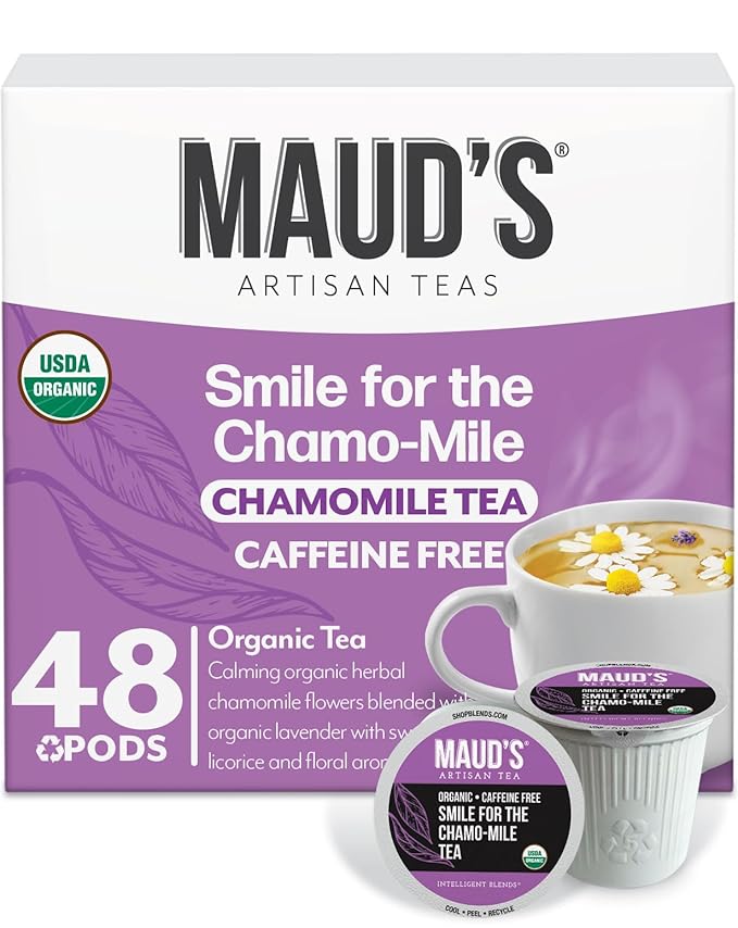 Maud's Organic Chamomile Lavender Tea Pods, 48 ct, Recyclable Single Serve Pods – 100% Gourmet Blended Tea Leaves, Compatible with Keurig K Cups Maker