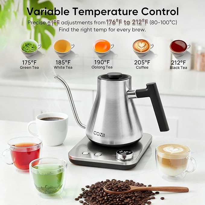 COZII Gooseneck Electric Kettle with ±1°F Temperature Control, 1200W Quick Heating for Pour Over Coffee & Tea, 0.9L Water Boiler with 24H Keep Warm & Auto Shut Off, Stainless Steel Interior, Silver