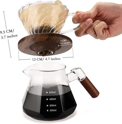 Pour Over Coffee Dripper with 100 pcs of Size 02 Paper Filter, Borosilicate Glass & Walnut Collar, Drip Coffee Maker, 1-3 Cups, Clear (Coffee Dripper)