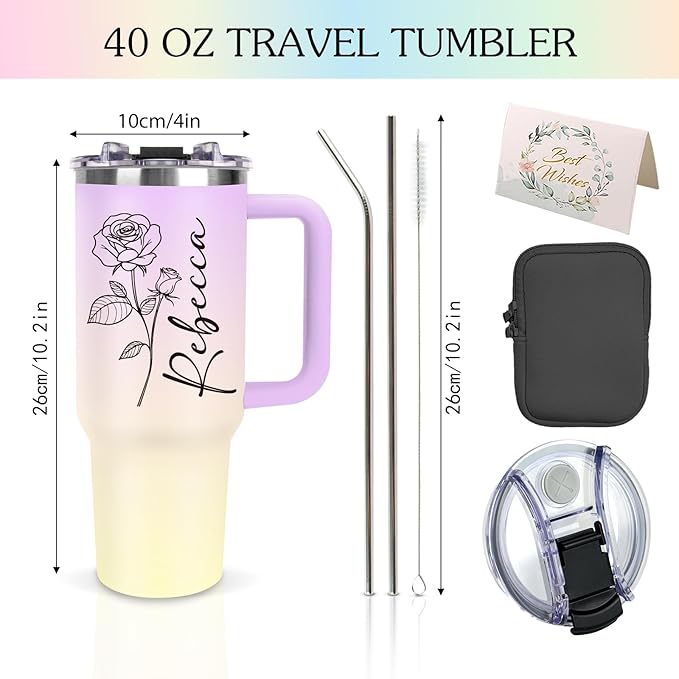 Personalized 40oz Tumbler with Handle and Straw, Custom Tumbler with Names & Birth Month Flower, Stainless Steel Travel Coffee Mug, Personalized Birthday Gifts For Women