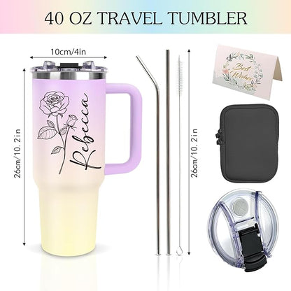 Personalized 40oz Tumbler with Handle and Straw, Custom Tumbler with Names & Birth Month Flower, Stainless Steel Travel Coffee Mug, Personalized Birthday Gifts For Women