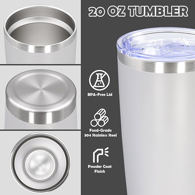 20oz Tumbler Bulk Stainless Steel Tumbler Cup with Lid Vacuum Insulated Double Wall Travel Mug, Durable Powder Coated Travel Coffee Tumbler Mug for Hot & Cold Drinks, White,12 Pack