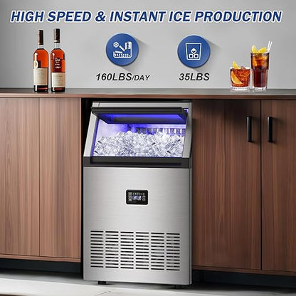 160LBS/24H High Output - Commercial Ice Maker Machine - 55 Clear Ice Cubes/Round (11-20 Mins), 35LBS Storage, Stainless Steel Undercounter/Freestanding for Home/Bar/Outdoor