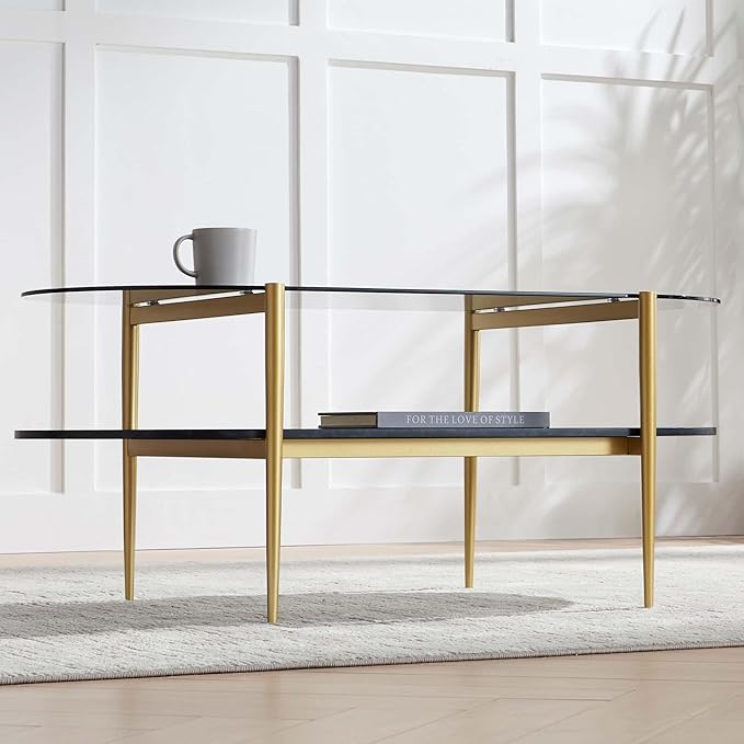 Oval Glass Coffee Table, Mid-Century Modern Design, L41 x W21 x H17 inch, for Living Room, Grey Glass Top, Black Marble Finish Wood Shelf & Gold Finish Frame
