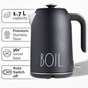 Rae Dunn Electric Hot Water Kettle - Stainless Steel Coffee Maker, Tea Kettle, Swivel Base, With Automatic Shut Off Boil-Dry Protection, Easy Pour Pitcher, 1500 Watt Boiling Power, 1.7 Liters, Black