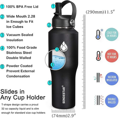 SENDESTAR Water Bottle 32oz,2 Lids(Straw lid),Wide Mouth Stainless Steel Vacuum Insulated Double Wall Keep Liquids Cold or Hot All Day,Sweat Proof Sport Design,Fit Car Cup Holder(Black)