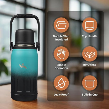 Insulated Water Bottle with Handle and Strap,Vacuum Travel Tumbler with Cup Lid,Thermo Coffee Cup for Hot Cold Drinks 27 OZ,TealBlack