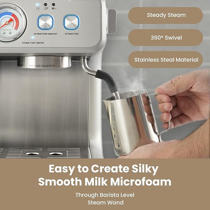 Gevi [2024 Upgraded Dual Boiler Espresso Machine EzBru 2000 | 58mm Grouphead | Barista Level Steam Wand | Built-in Grinder With 31 Size Settings | Full Stainless Steel Housing | Sterling Silver