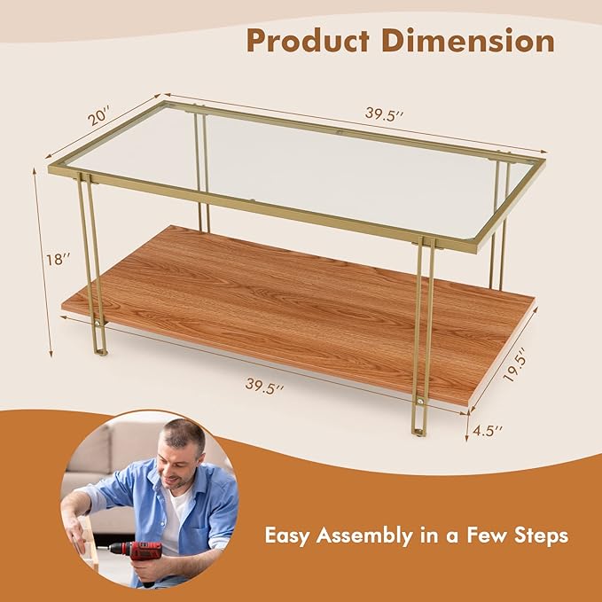 Tangkula Glass Coffee Table, 40In Mid Century 2 Tier Rectangle Coffee Table, Tempered Glass Top & Wood Storage Shelf, Steel Frame, Adjustable Feet, Modern Cocktail Accent Table for Living Room (Gold)