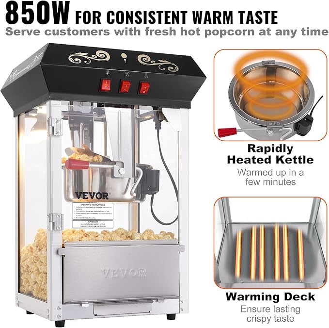 VEVOR Popcorn Maker, 850W Popcorn Popper Machine, 8 Oz Kettle Makes 48 Cups per Batch, Countertop Popcorn Maker with Tempered Glass, Includes 4 Scoops, Movie Theater Style, Black