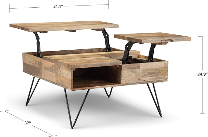 SIMPLIHOME Hunter Lift Top Coffee Table - 32 inch Wide Solid Mango Wood and Metal Industrial Square Cocktail Table in Natural, Living Room Table with Dual Lift Tops, Hidden Storage and Hairpin Legs