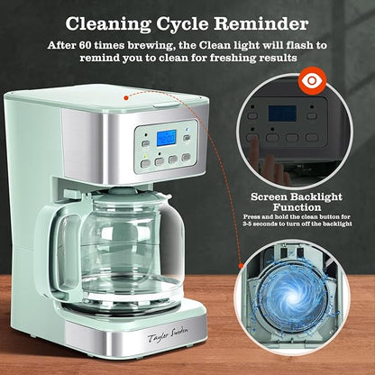 Taylor Swoden 12-Cup Programmable Coffee Maker, Regular & Strong Brew Drip Coffee Machine for Home and Office, Glass Carafe, Pause & Serve, Auto Shut Off, Green & Stainless Steel
