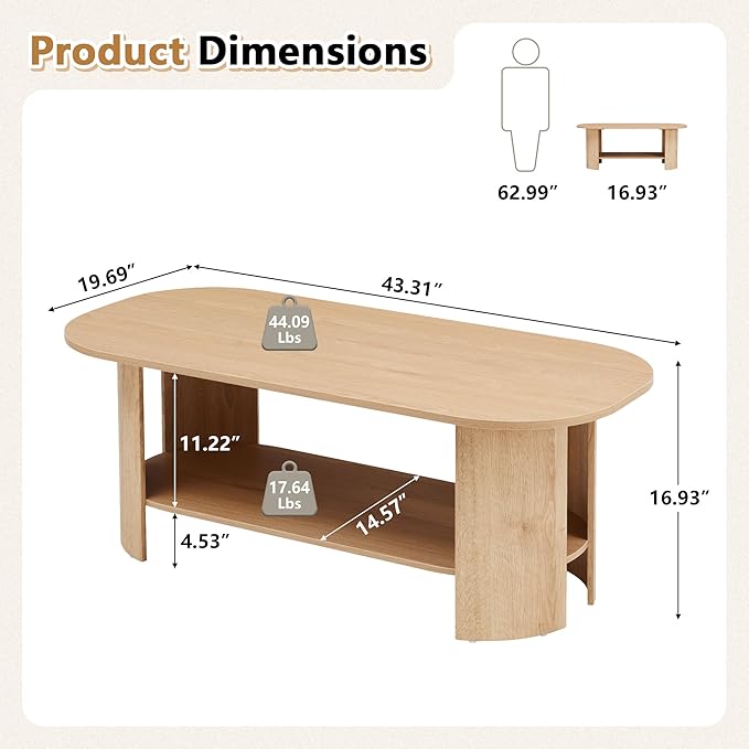 43.3” Oval Coffee Tables for Living Room, Wood Farmhouse Coffee Table with Storage, 2-Tier Center Table with Storage Shelf Low Tea Table for Small Space, Home, Office (Natural)
