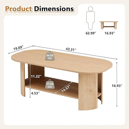 43.3” Oval Coffee Tables for Living Room, Wood Farmhouse Coffee Table with Storage, 2-Tier Center Table with Storage Shelf Low Tea Table for Small Space, Home, Office (Natural)