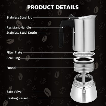 Stovetop Espresso Maker Stainless Steel Moka Pot, 4 cup Espresso Coffee Pots 200ml/7oz(Espresso Cup=50ml/1.7oz), Italian Coffee Maker for Induction Cookers Hobs, Cafe Maker for Camping Home