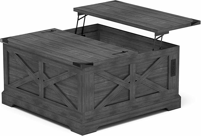 LAUSAINT HOME Farmhouse Lift Top Coffee Table with Large Hidden Storage Compartment, Wood Square Center Table with Lifting Top for Living Room, Home Office, Gray