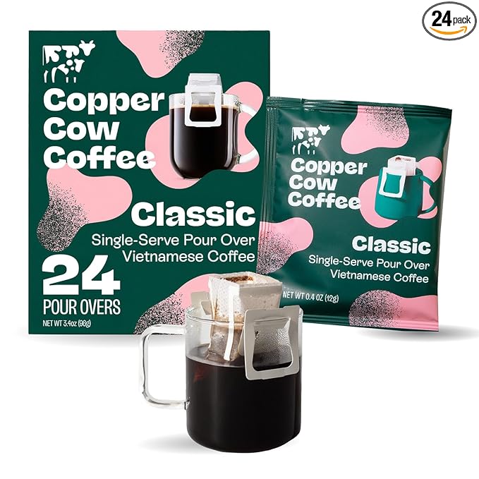 Copper Cow Premium Pour Over Single-Serve Vietnamese Coffee | Classic Black | Dark Roast | Includes 24 Coffees
