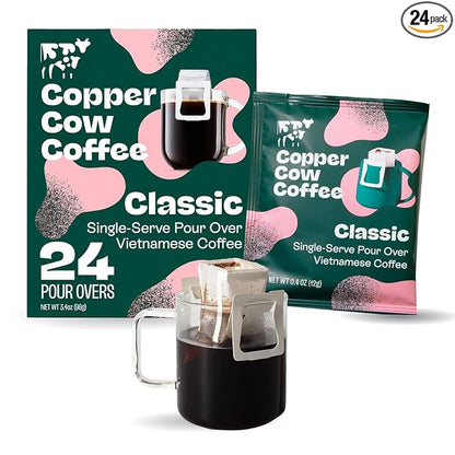 Copper Cow Premium Pour Over Single-Serve Vietnamese Coffee | Classic Black | Dark Roast | Includes 24 Coffees
